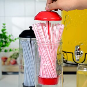 Straw Dispenser with Stainless Steel Lid | Glass Red Straw Holder for Counter with Lid | Drinking Straw Dispensers | Straw Container | Holds Straws up to 8.5 Inches, Red