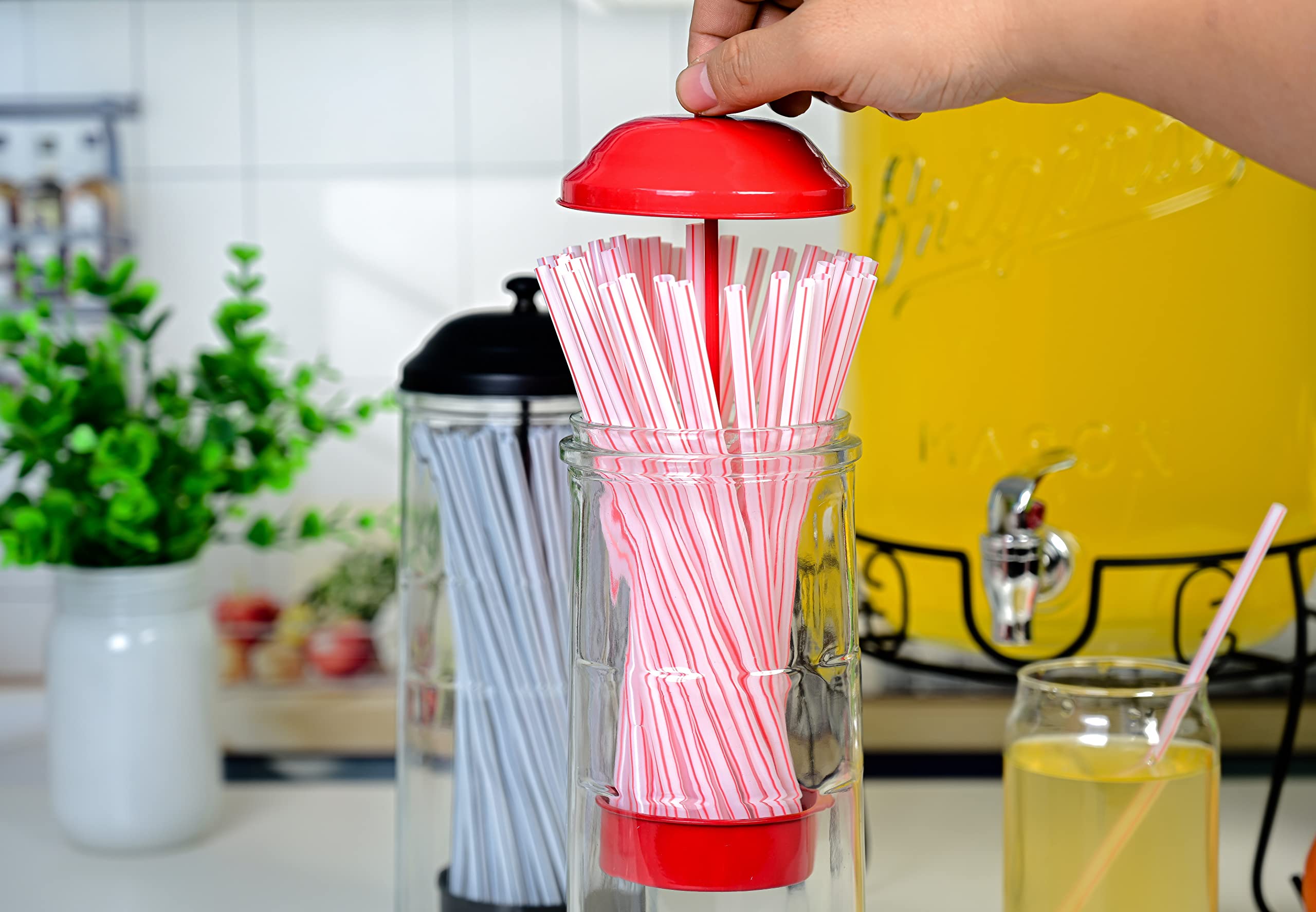 Straw Dispenser with Stainless Steel Lid | Glass Red Straw Holder for Counter with Lid | Drinking Straw Dispensers | Straw Container | Holds Straws up to 8.5 Inches, Red