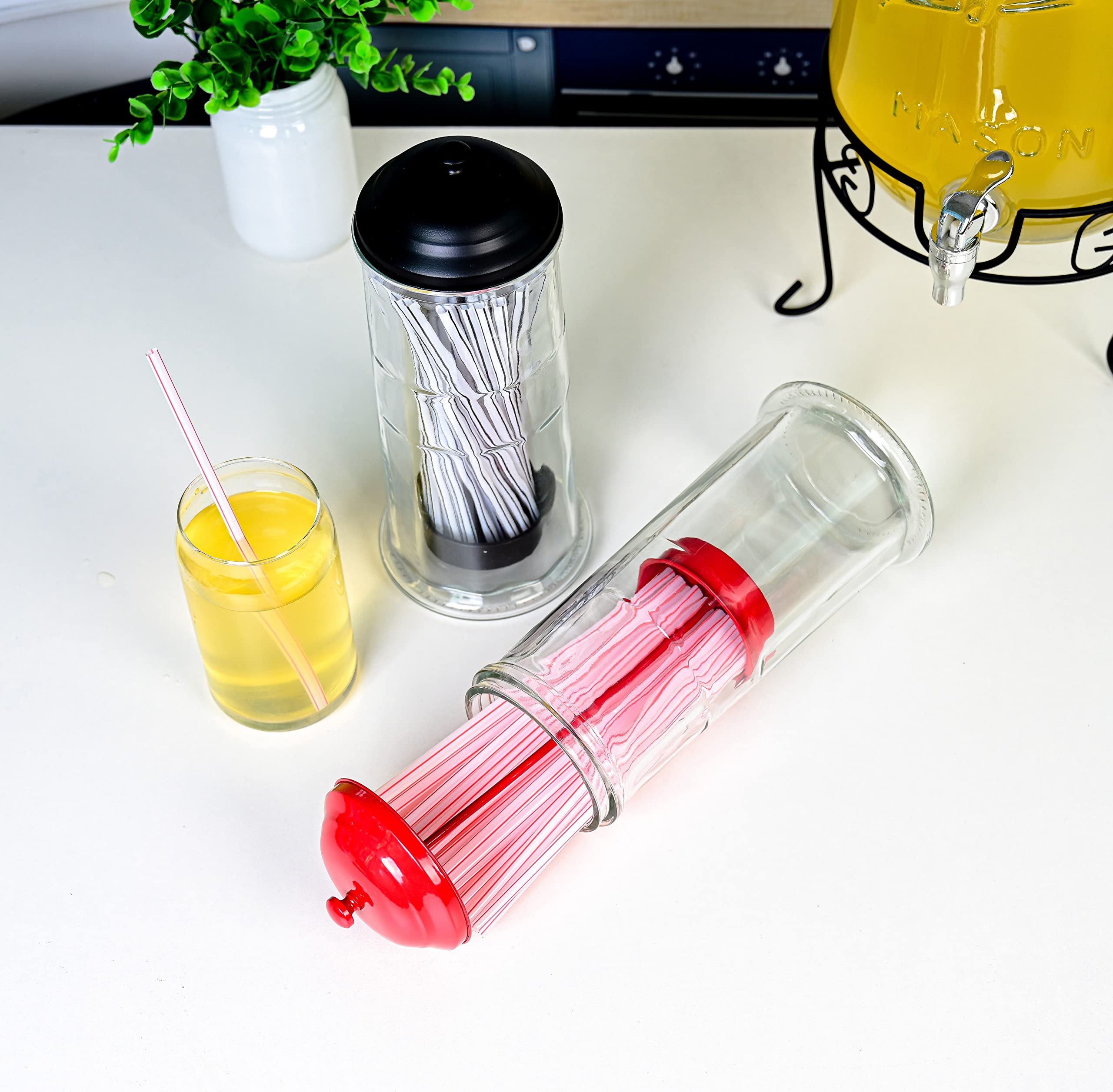 Straw Dispenser with Stainless Steel Lid | Glass Red Straw Holder for Counter with Lid | Drinking Straw Dispensers | Straw Container | Holds Straws up to 8.5 Inches, Red