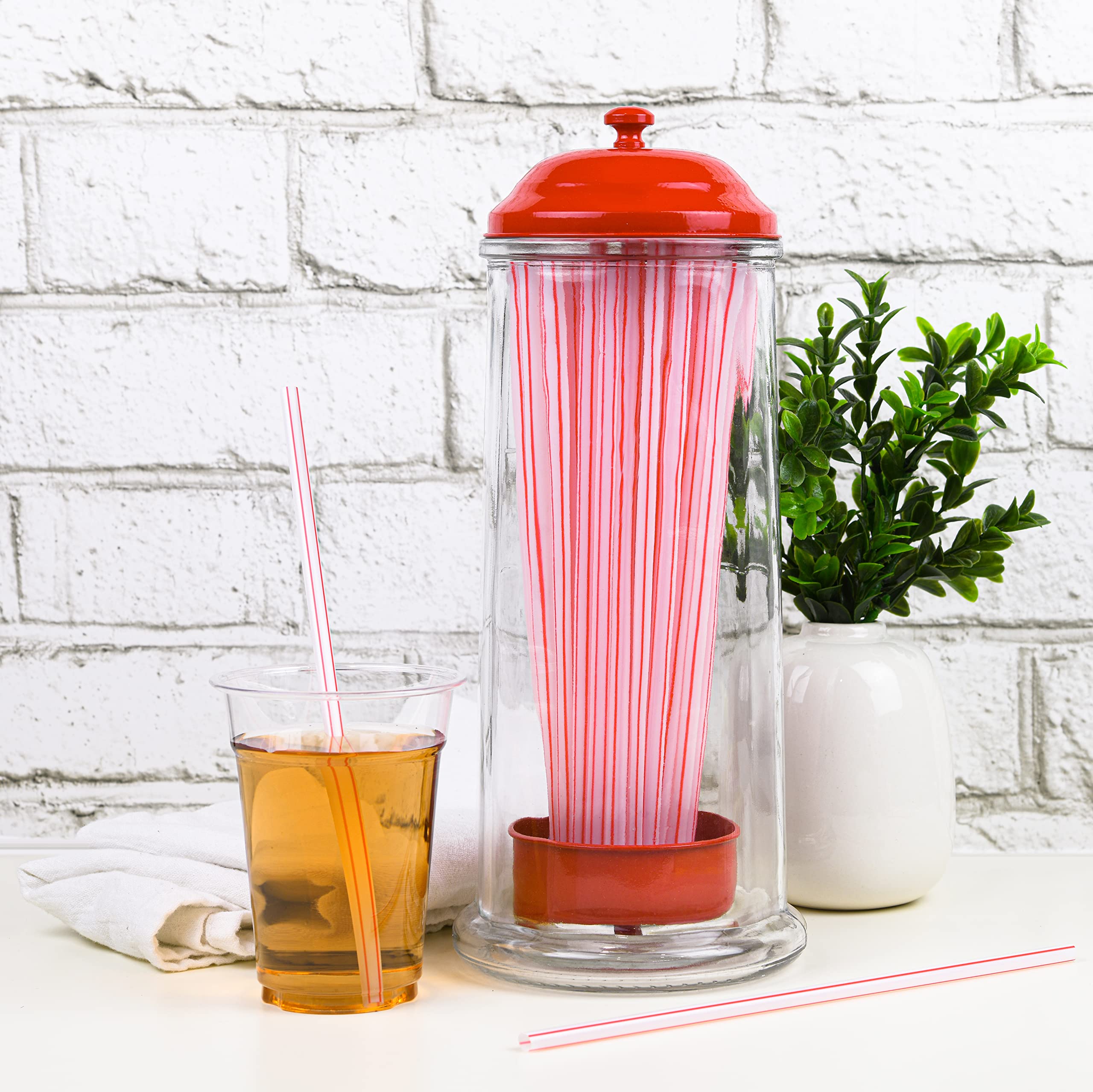 Straw Dispenser with Stainless Steel Lid | Glass Red Straw Holder for Counter with Lid | Drinking Straw Dispensers | Straw Container | Holds Straws up to 8.5 Inches, Red