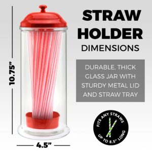 Straw Dispenser with Stainless Steel Lid | Glass Red Straw Holder for Counter with Lid | Drinking Straw Dispensers | Straw Container | Holds Straws up to 8.5 Inches, Red