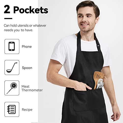 NLUS Black Cooking Apron with 2 Pockets, Plus Size Bib Apron Water Oil Stain Resistant Kitchen Chef Bib Aprons for Cooking BBQ Baking Serving (2 PACK)