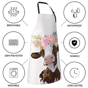 SUCUWINY Cow Apron Waterproof Chef Kitchen Fun Cow Print Apron White Apron with 2 Pockets Funny Aprons for Adults Cooking BBQ Aprons Baking Gifts