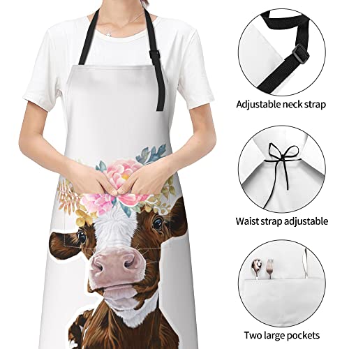 SUCUWINY Cow Apron Waterproof Chef Kitchen Fun Cow Print Apron White Apron with 2 Pockets Funny Aprons for Adults Cooking BBQ Aprons Baking Gifts