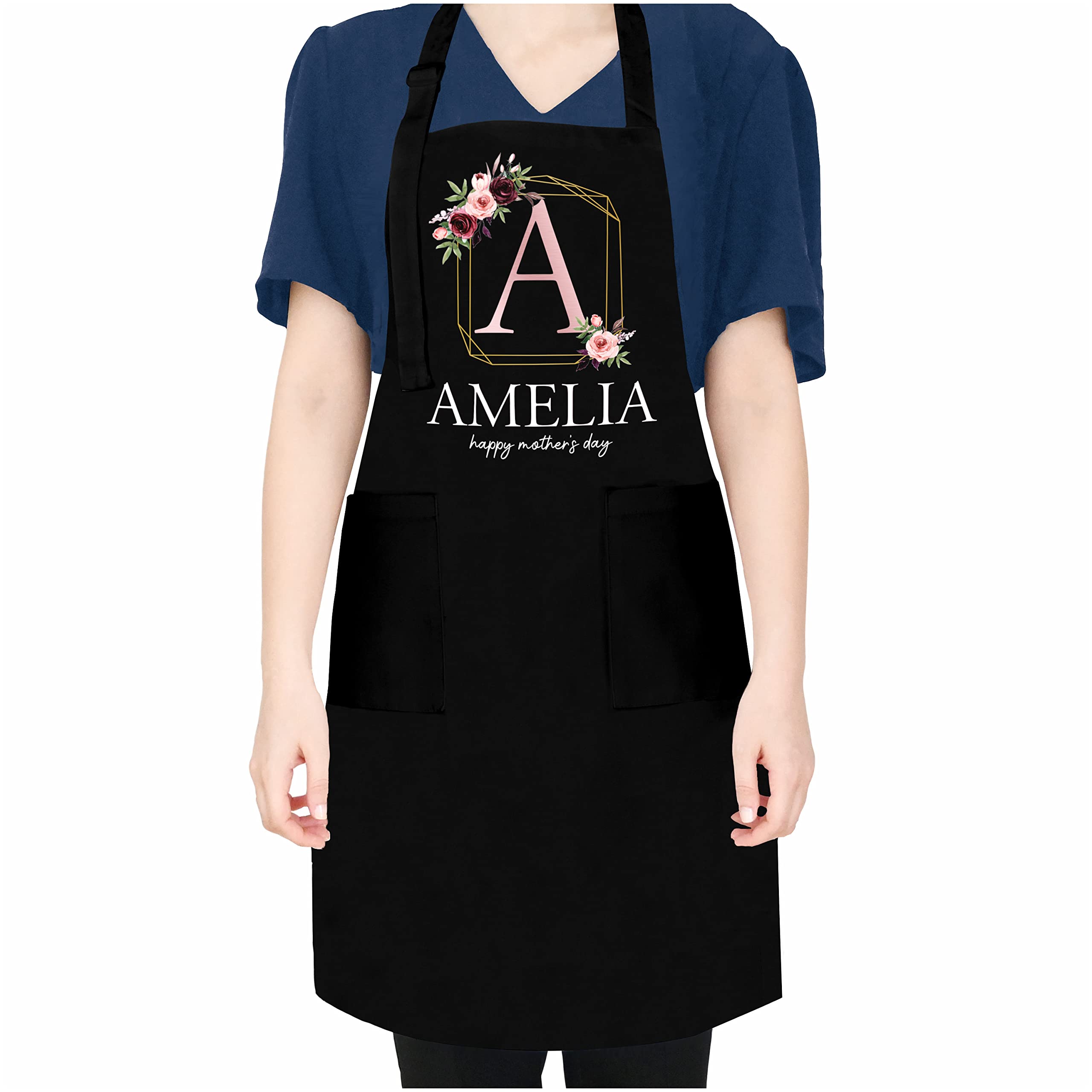 Zexpa Apparel Customized Black Apron for Mom, Personalized Mother's Day Gift Name, Initial