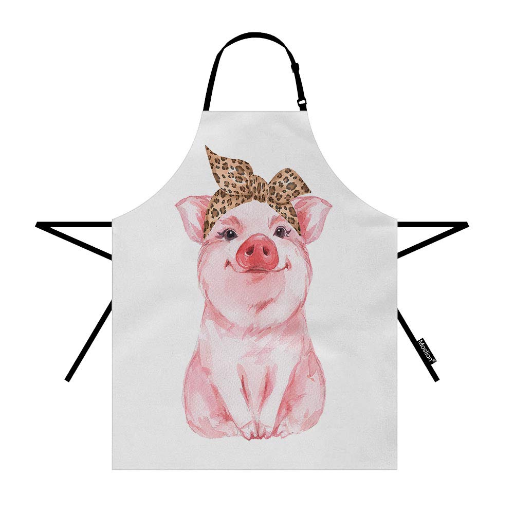 Moslion Pig Apron 31x27 Inch Farm Animal Funny Cute Piggy Wearing Leopard Bandanna Kitchen Chef Waitress Cook Aprons Bib with Adjustable Neck for Women Men Girls Pink