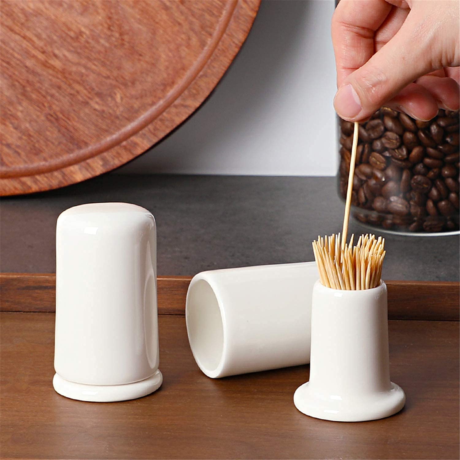 ONTUBE Ceramic Toothpick Holder with Lid,Toothpick Dispenser for Home, Easy To Clean-Set of 2, White