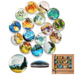 mienno 16 pack van gogh refrigerator magnets, crystal glass magnets, van gogh decorative fridge magnets, homewarming gift, home decoration gift with gift packaging box  (kraft gift box)