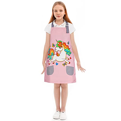 FUSOTO Unicorn Kids Aprons for Girls, Kids Cute Kitchen Cooking Apron for Ages 6-12, Kids Artist Painting Apron with Pockets, Arts and Crafts for Kids, Unicorns Gifts for Girls