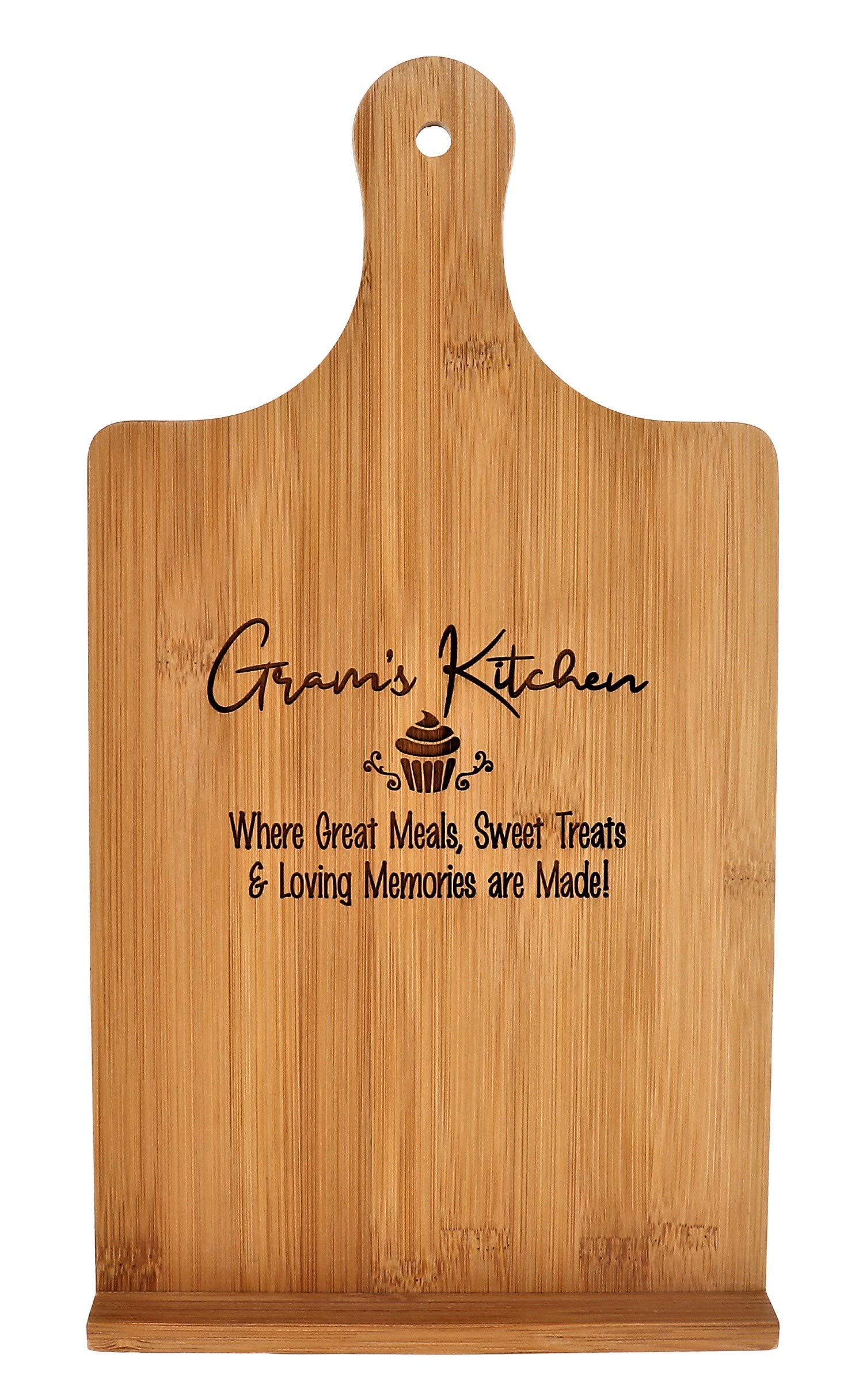 Gram’s Recipe Cookbook Holder Stand Gift - Custom Engraved Bamboo Cutting Board Foldable Chef Easel Metal Hinges Kickstand iPad Tablet Compatible Christmas Birthday Kitchen Decor Design (7.25x13.5)