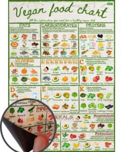vegan healthy food chart guide - informative nutrition vitamins minerals magnetic fridge chart - stylish colourful water resistant kitchen guide magnet