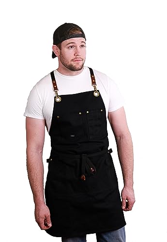 Caldo Canvas Kitchen Apron for Cooking - Mens and Womens Canvas Apron for Professional Chef, Server, or Barista- Adjustable with Pockets (Black)