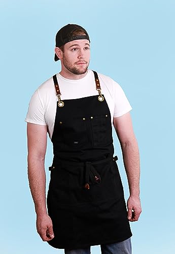 Caldo Canvas Kitchen Apron for Cooking - Mens and Womens Canvas Apron for Professional Chef, Server, or Barista- Adjustable with Pockets (Black)