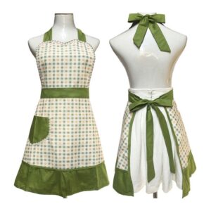 cute lovely unique design women girls ladies retro apron with chic pocket for cooking kitchen, green