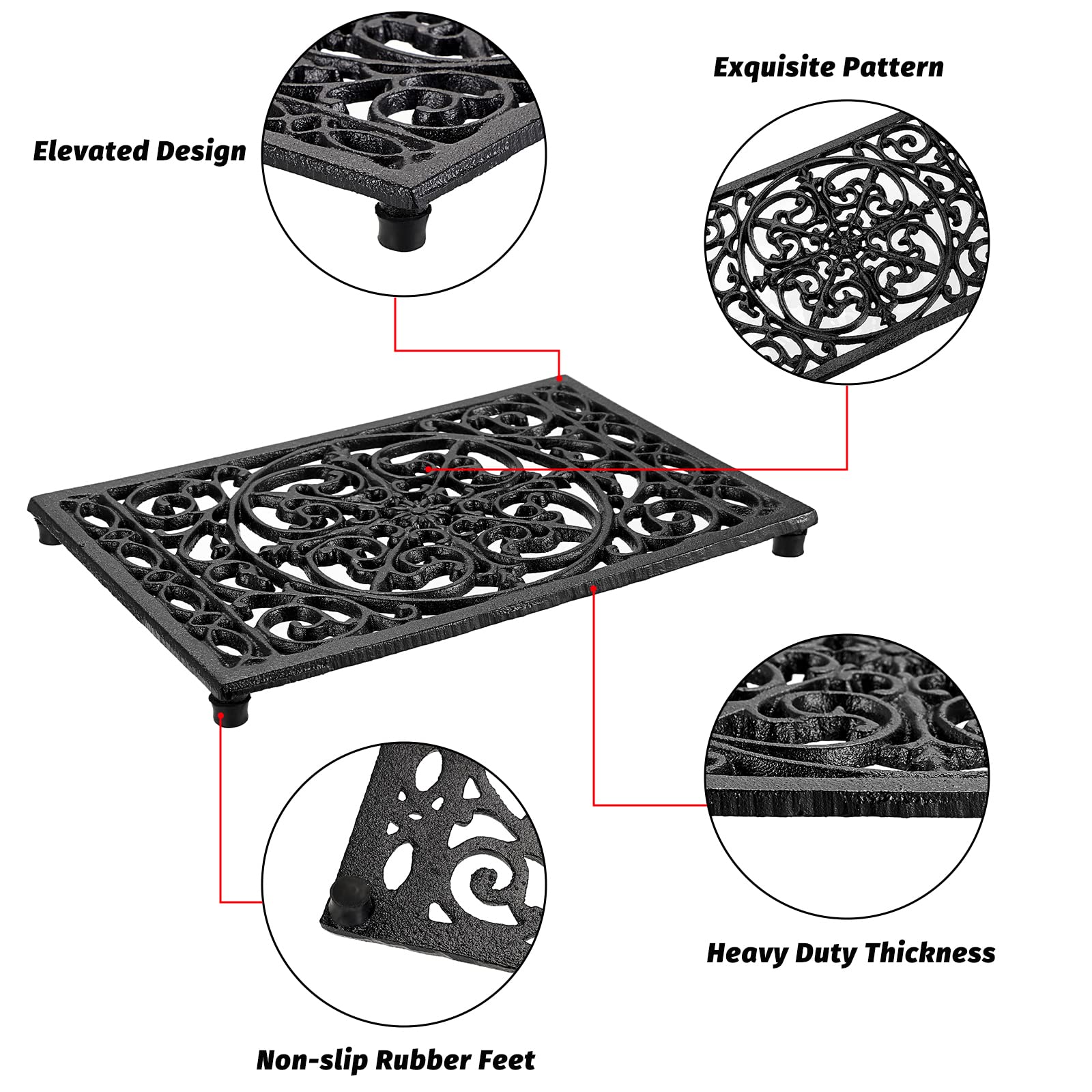 Sumnacon 1Pcs Rectangle Cast Iron Trivet - Heat Resistant Iron Trivet for Hot Dish Pot Pan Plate Teapot, Rustic Cast Iron Hot Dish Plate Holder for Kitchen Dining Table Countertop Cooktop