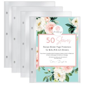recipe binder page protectors for 8.5 x 9.5 inch binders. holds 50 protective sleeves that hold 6.5" x 8.5" full recipe cards, heavyweight crystal clear plastic archival sleeves, heartstrings studio