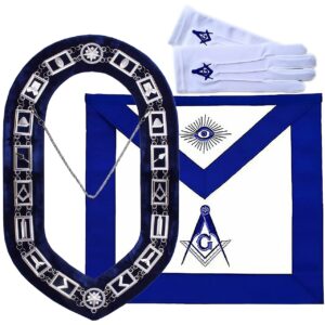 CraftX Blue Lodge Master Mason Apron, Chain Collar, Square and Compass Gloves Set White ADULT