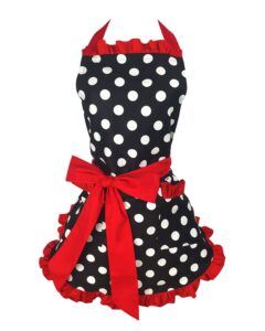 floosum lovely cute red retro ruffle side sexy cute lady's kitchen cooking apron with pocket gift for women girls chef housewarming, red