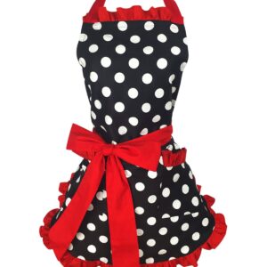 Floosum Lovely Cute Red Retro Ruffle Side Sexy Cute Lady's Kitchen Cooking Apron with Pocket Gift for Women Girls Chef Housewarming, Red