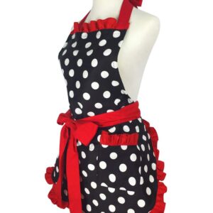 Floosum Lovely Cute Red Retro Ruffle Side Sexy Cute Lady's Kitchen Cooking Apron with Pocket Gift for Women Girls Chef Housewarming, Red