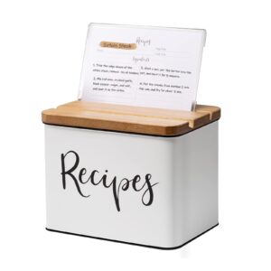 deppon recipe box with cards and dividers, white metal vintage farmhouse design recipe organization box, recipe card and box set with grooved lid, includes 50 4 x 6 cards and 24 dividers