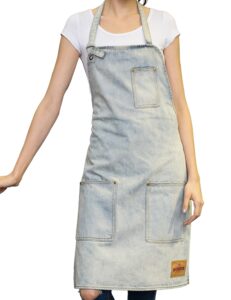 vantoo unisex distressed jean apron with convenient pockets for men and women,white