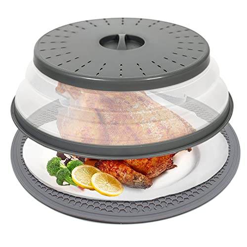 2 in 1 Microwave food Cover & Mat,Vented Collapsible Microwave Splatter Cover & 12" Silicone Round Kitchen mat, Multi-use Silicone Non-Slip Trivet Drying Mat, Home Apartment Essential, Grey