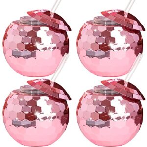 ujuuu 4 pieces disco ball cups disco ball tumbler disco flash ball cocktail cup with lid and straw party supplies wine cocktail drinking syrup tea bottle (pink), 20oz