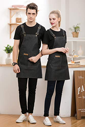 Denim Cross-Back Chef Bib Apron with Pockets for Men and Women (Black Stripe)