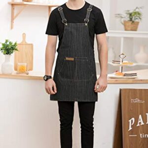 Denim Cross-Back Chef Bib Apron with Pockets for Men and Women (Black Stripe)