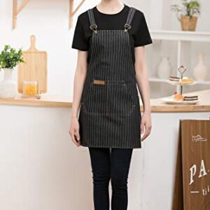 Denim Cross-Back Chef Bib Apron with Pockets for Men and Women (Black Stripe)