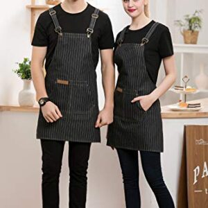 Denim Cross-Back Chef Bib Apron with Pockets for Men and Women (Black Stripe)