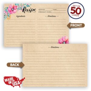 Nuah Prints Double Sided Recipe Cards 4x6 Inch, Set of 50 Thick Cardstock Recipe Cards with Lines, Easy To Write On Smooth Surface, Line Printed, Large Writing Space (Floral Kraft Look)