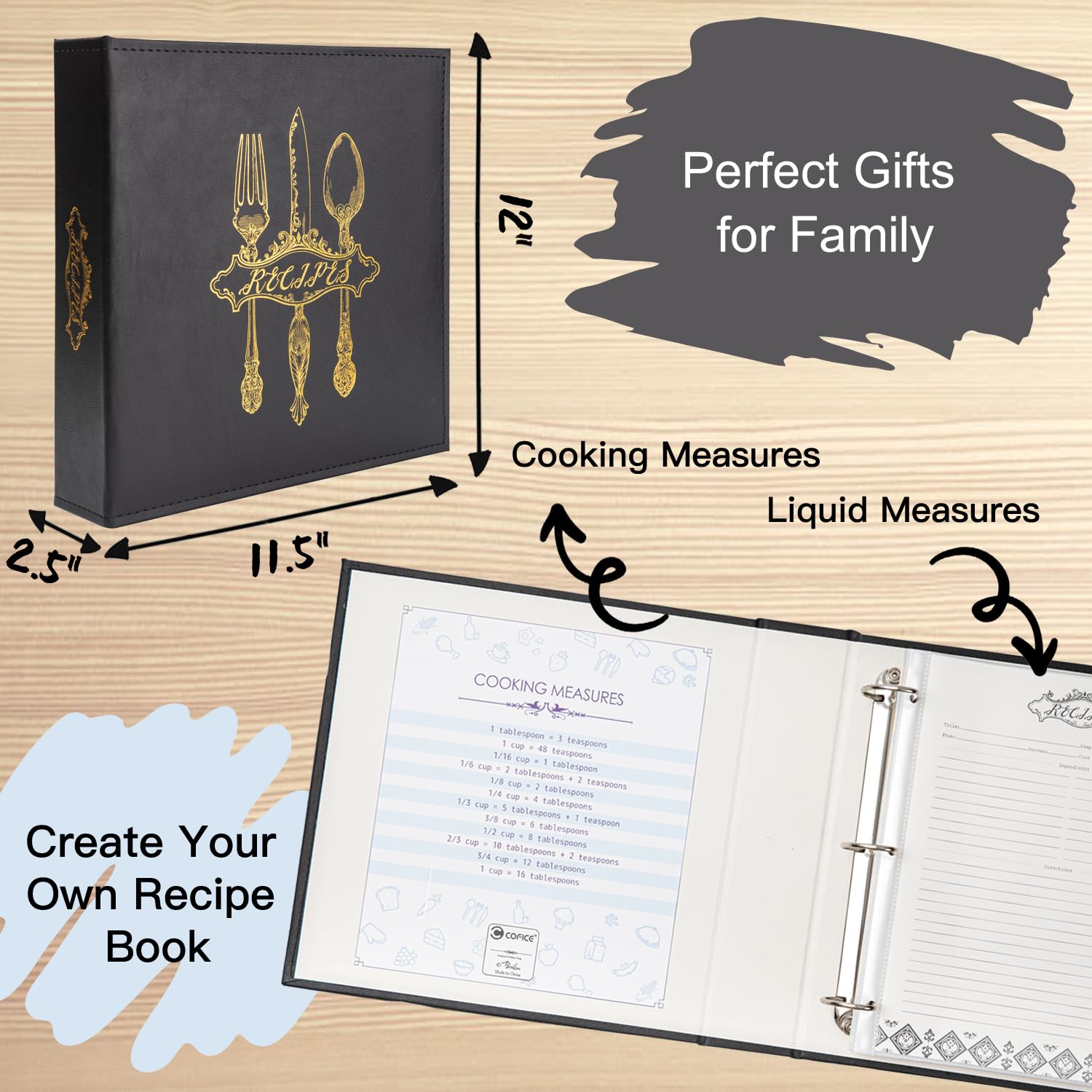 COFICE Recipe Binder – 8.5x11 3 Ring Blank Family Recipe Book Binder Kit to Write in Your Own Recipes with PU Faux Leather Cover and Plastic Sleeves (Black)