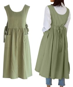 losofar women plus size cotton linen vintage pleated split apron pinafore dress with two pockets (green, 43.4" l)