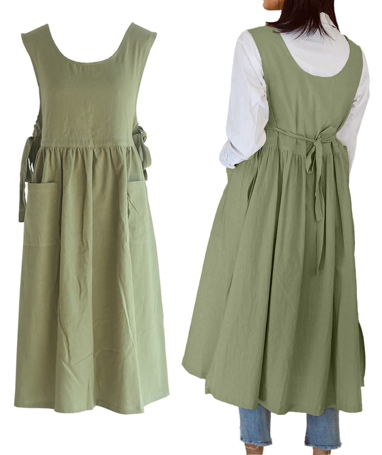 losofar Women Plus Size Cotton Linen Vintage Pleated Split Apron Pinafore Dress with Two Pockets (green, 43.4" L)