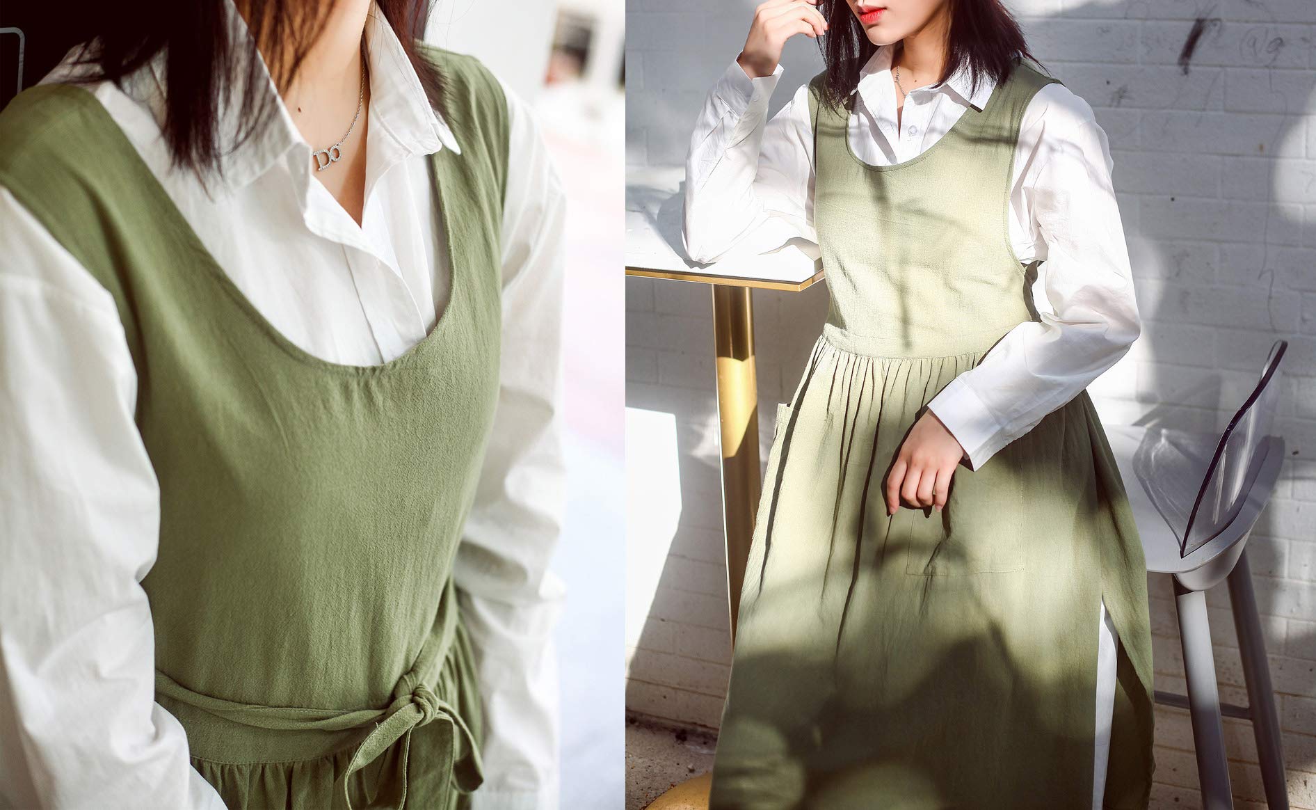 losofar Women Plus Size Cotton Linen Vintage Pleated Split Apron Pinafore Dress with Two Pockets (green, 43.4" L)