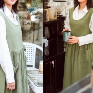 losofar Women Plus Size Cotton Linen Vintage Pleated Split Apron Pinafore Dress with Two Pockets (green, 43.4" L)