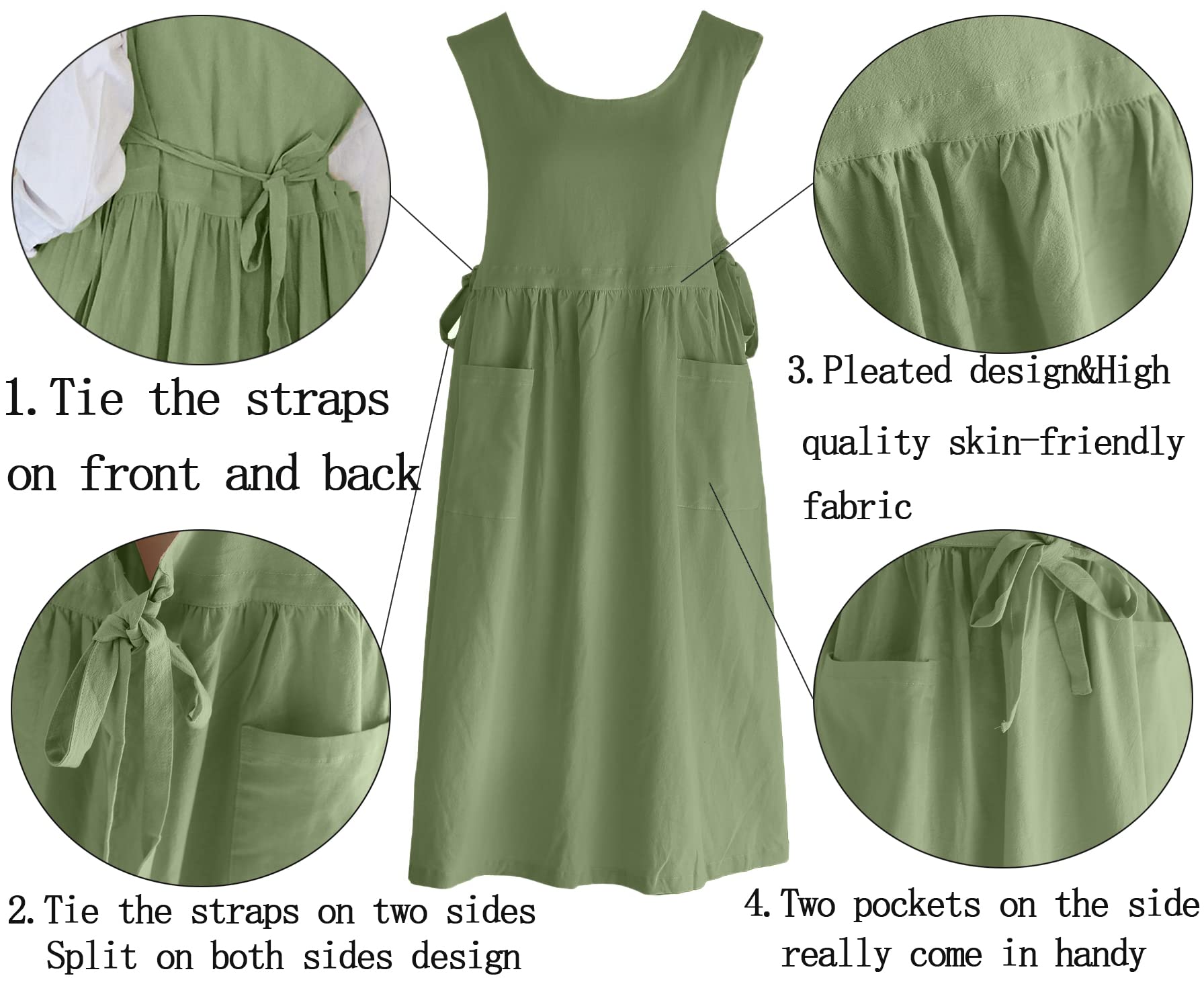 losofar Women Plus Size Cotton Linen Vintage Pleated Split Apron Pinafore Dress with Two Pockets (green, 43.4" L)