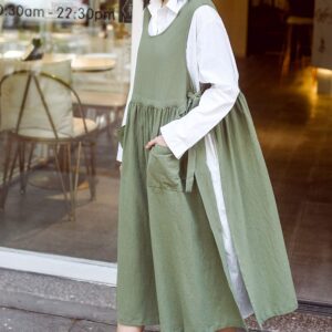 losofar Women Plus Size Cotton Linen Vintage Pleated Split Apron Pinafore Dress with Two Pockets (green, 43.4" L)