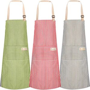 hatisan cotton linen adjustable bib aprons with 2 pockets cooking kitchen aprons for men women (stripe)