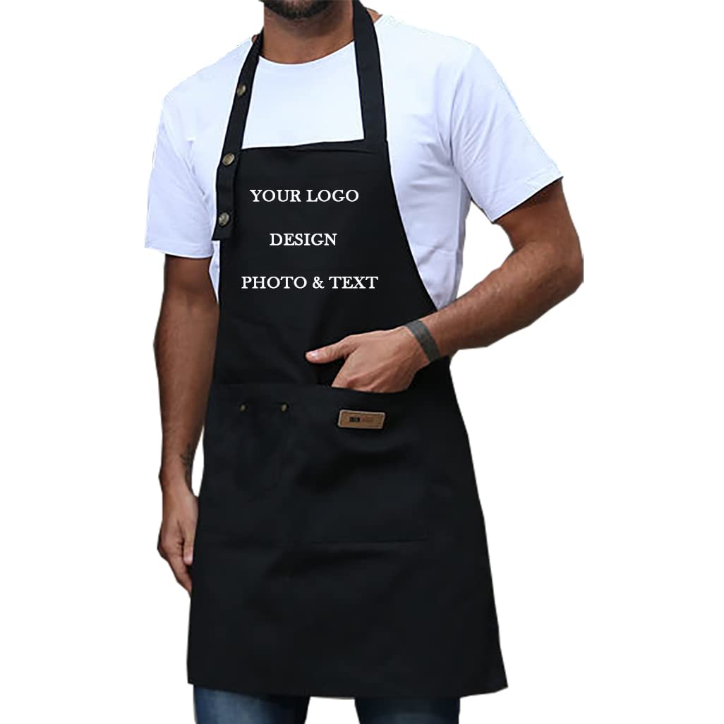 Shmimy Personalized Custom Apron For Men Women Kitchen Cooking Canvas Aprons Customized with Pockets Name Text Logo Picture (1 Pack)