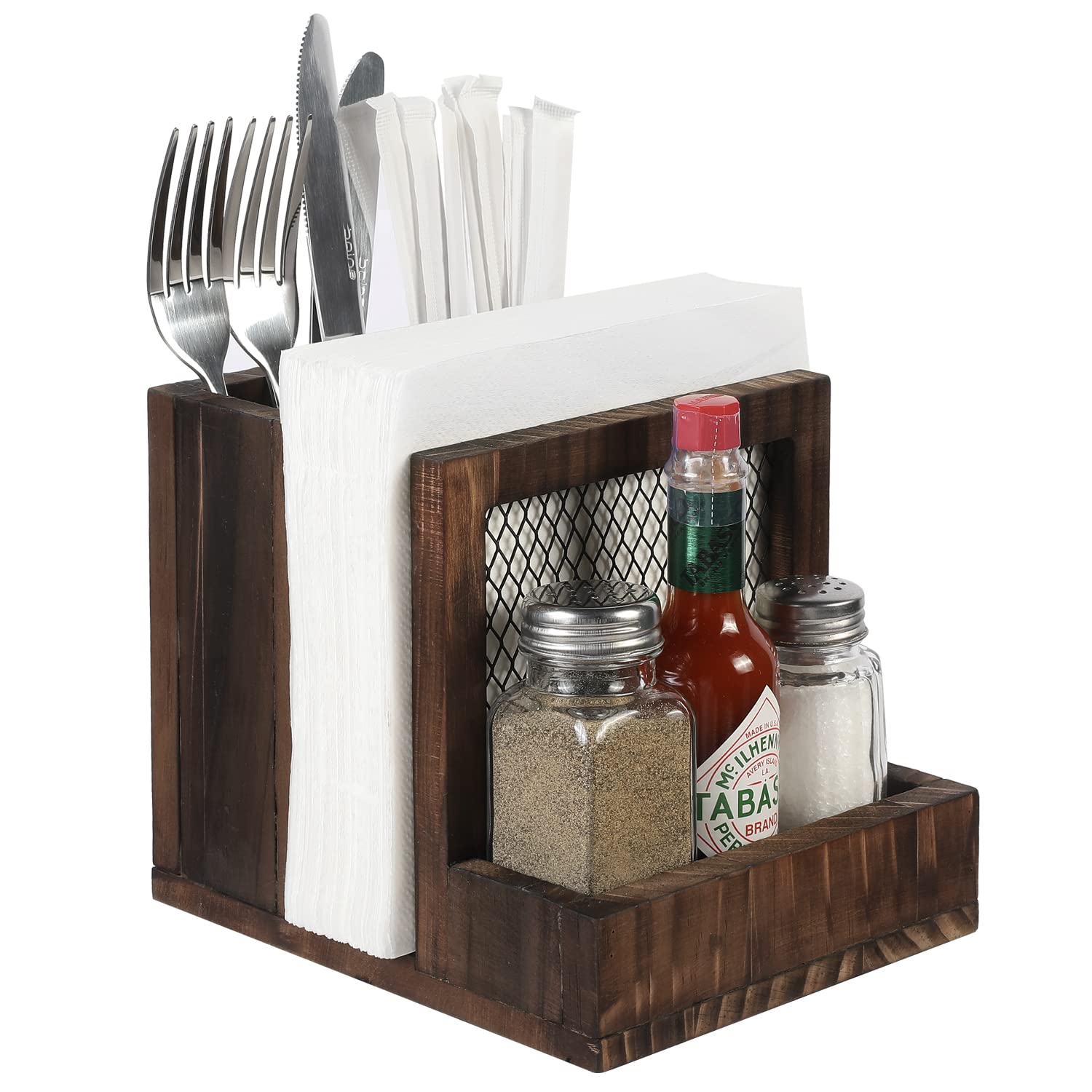 FARM IN All-in-One Napkin Holder, Farmhouse Multifunctional Napkin Holder with Silverware Holder and Salt and Pepper Shakers, Rustic Solid Burnt Wood & Diamond Metal Wire Mesh