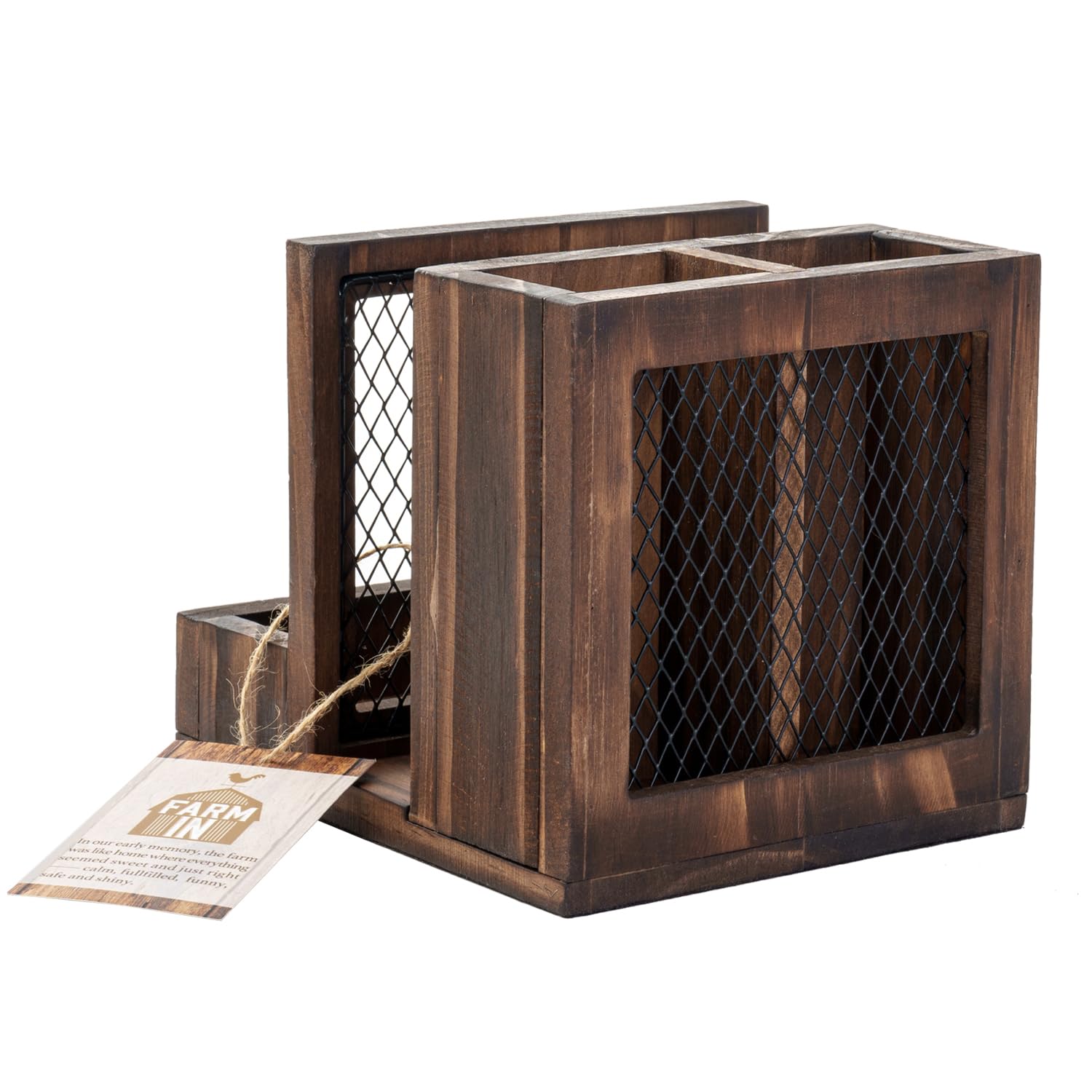 FARM IN All-in-One Napkin Holder, Farmhouse Multifunctional Napkin Holder with Silverware Holder and Salt and Pepper Shakers, Rustic Solid Burnt Wood & Diamond Metal Wire Mesh