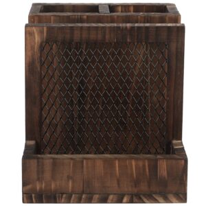 FARM IN All-in-One Napkin Holder, Farmhouse Multifunctional Napkin Holder with Silverware Holder and Salt and Pepper Shakers, Rustic Solid Burnt Wood & Diamond Metal Wire Mesh