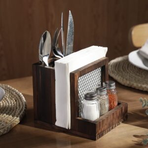 FARM IN All-in-One Napkin Holder, Farmhouse Multifunctional Napkin Holder with Silverware Holder and Salt and Pepper Shakers, Rustic Solid Burnt Wood & Diamond Metal Wire Mesh