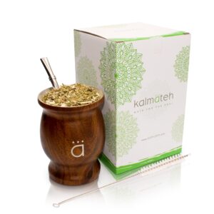 kalmateh yerba mate gourd set - traditional modern mate cup includes bombilla filter straw and cleaning brush- double walled stainless steel (wood, 8.6 oz)