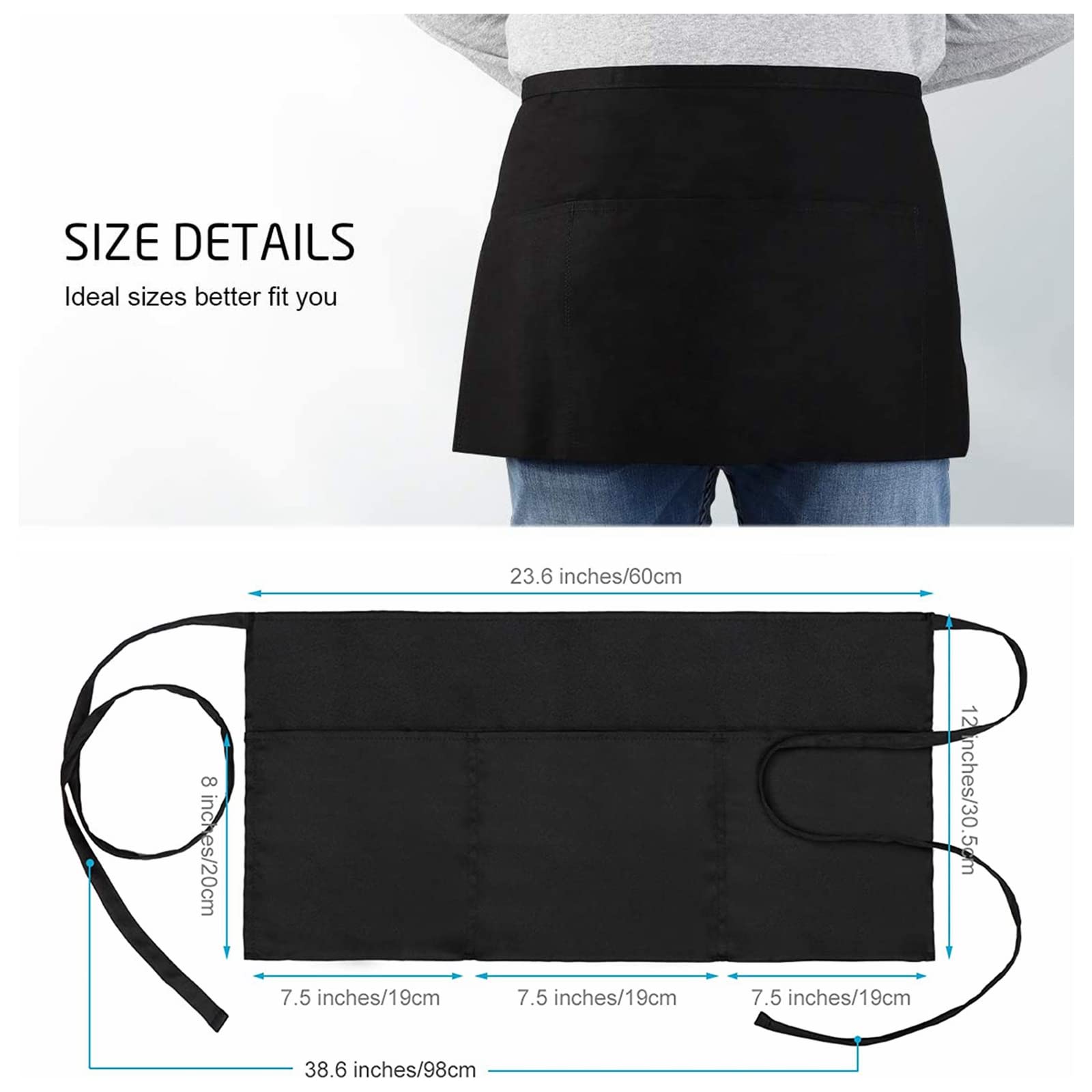 Tosewever 2 Pack Server Aprons with 3 Pockets, Waitress Waiter Waist Apron for Women Men Restaurant Home Black Half Apron (Black, 2 Pack)