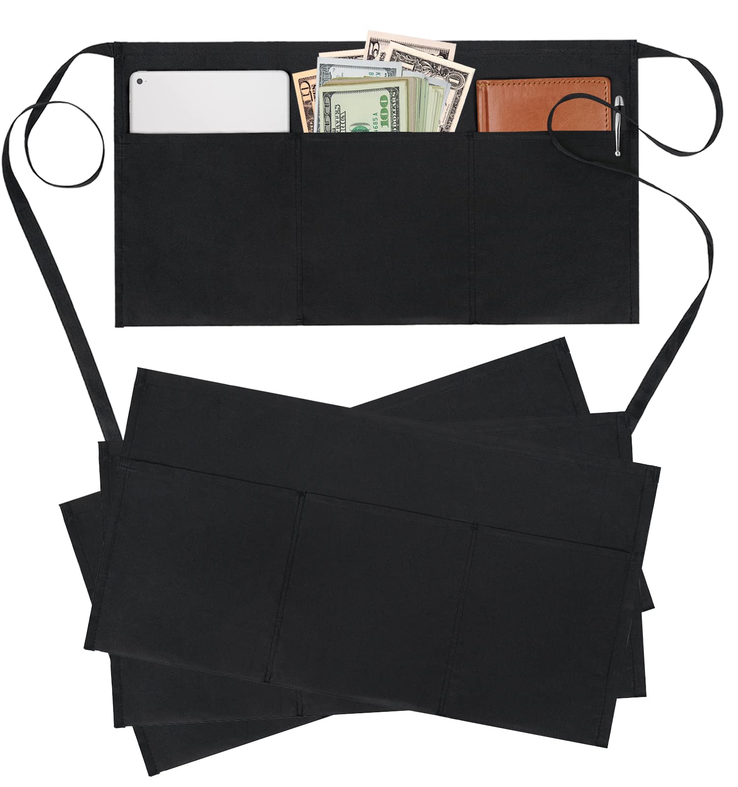 BOHARERS 4 Pack Waitress Aprons with 3 Pockets - Server Aprons for Waiter, Extra Long Straps Short Black Apron