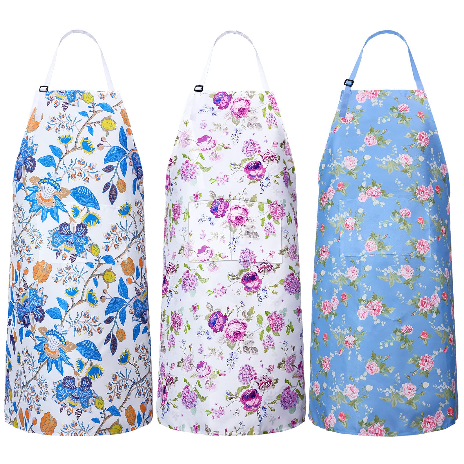 Janmercy 3 Pieces Plus Size Aprons for Women with Pockets Floral Apron Adjustable Cooking Aprons for Kitchen Cooking Baking Household Cleaning Gardening Supplies